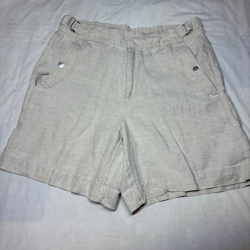 Athleta Women 100% Linen Shorts Size 10‎ Oatmeal Beige High Rise Side Buckle 7"